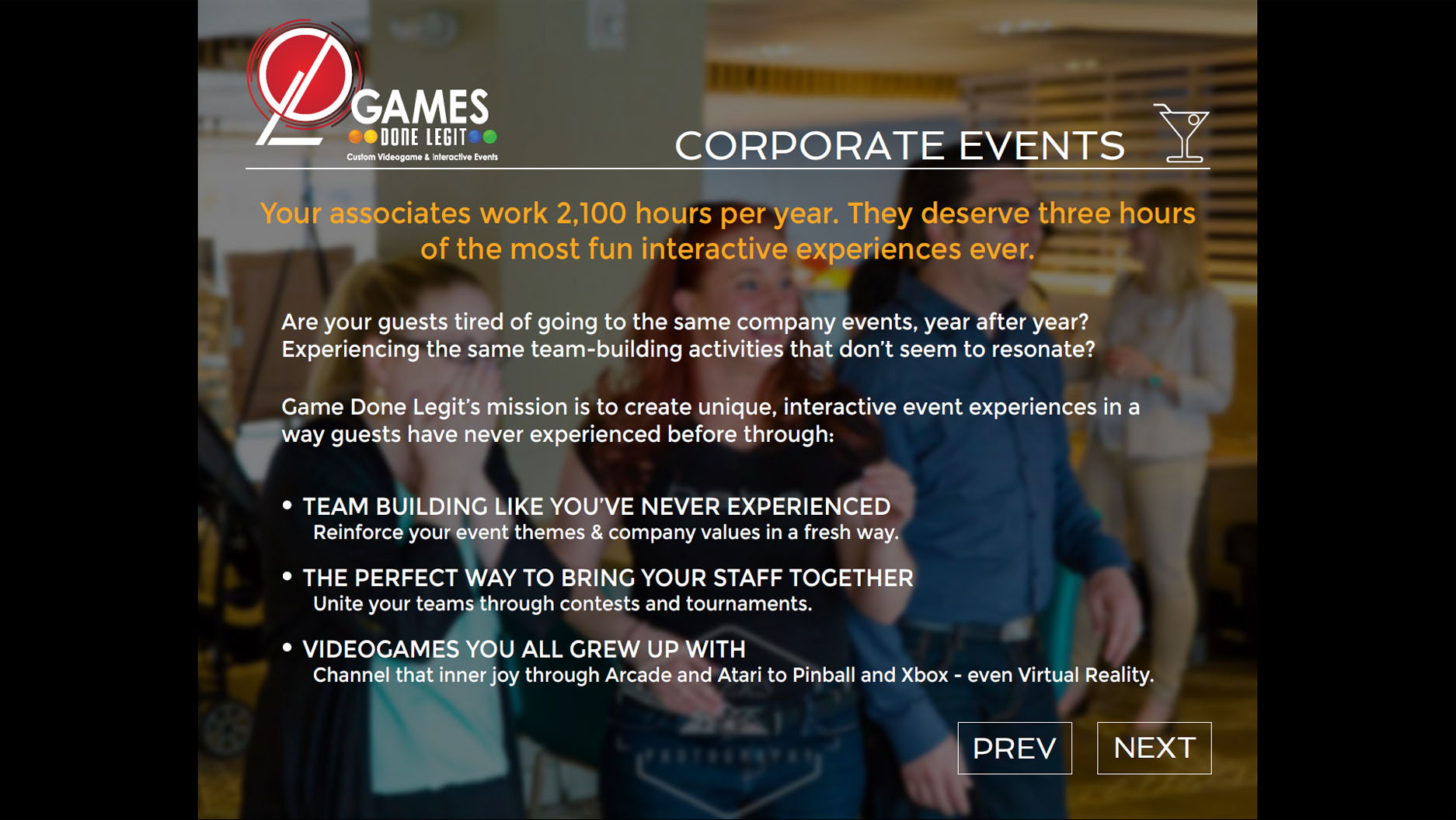 Games Done Legit PDF corporate events page.