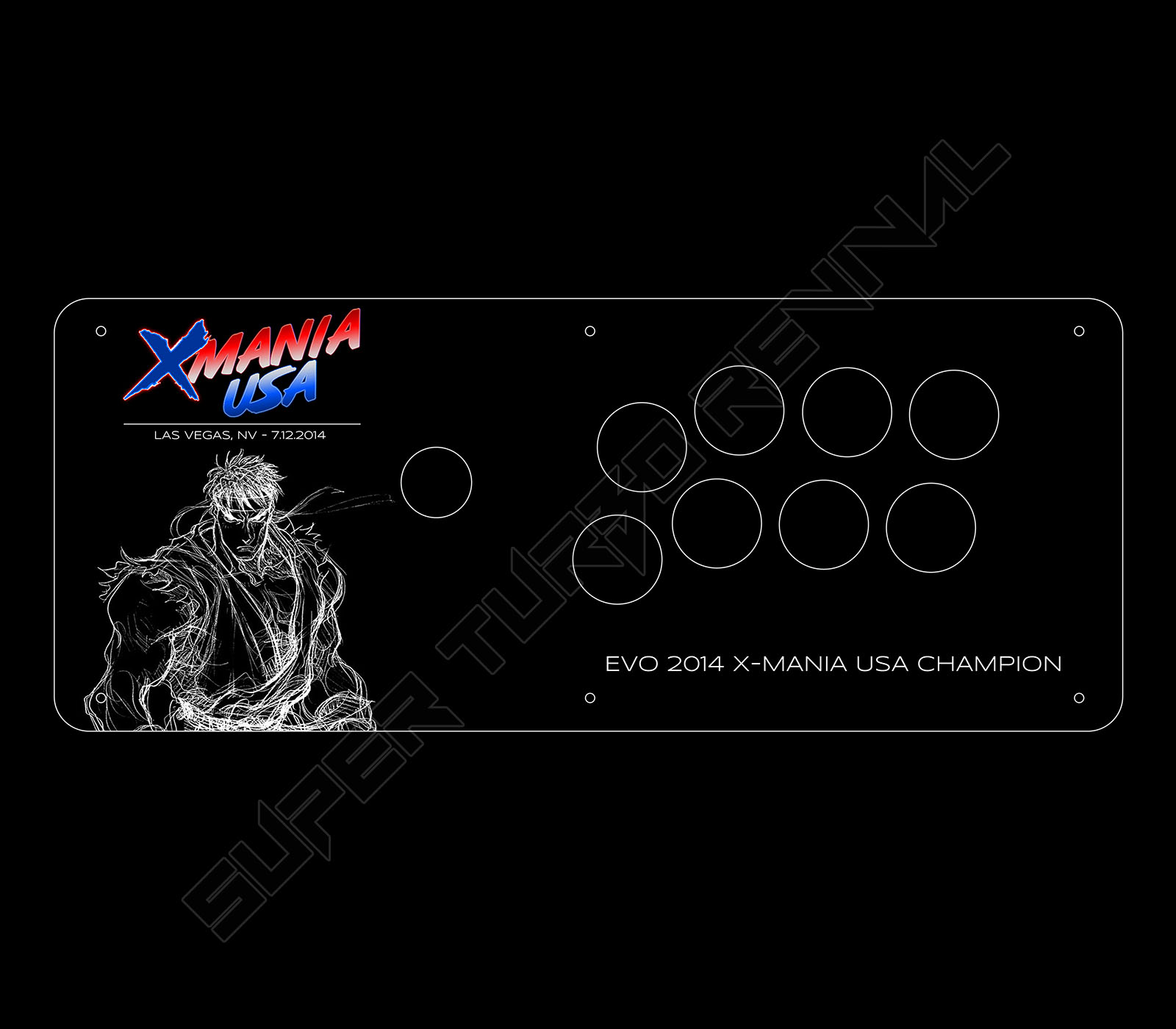 Art used for fightsticks that would be given to the winners of X-MANIA USA